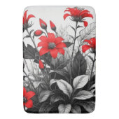レッドフラワーオン白黒植物 バスマット (正面縦)