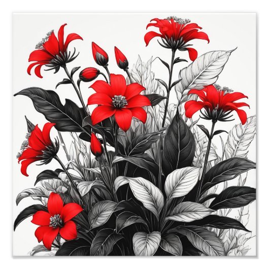 レッドフラワーオン白黒植物 フォトプリント            (正面)