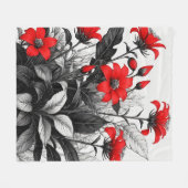 レッドフラワーオン白黒植物 フリースブランケット (正面(横))