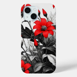 レッドフラワーオン白黒植物 iPhone 15ケース