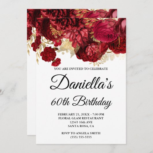 レッドフラワーズゴールドフォイルグラム60誕生日 招待状 (正面/裏面)