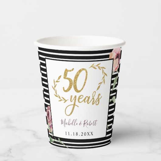 レッドフラワーズバラ50周年記念金ゴールドグリッター 紙コップ (正面)