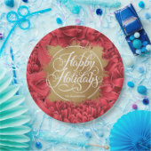 レッドフラワーズフェイク金ゴールドフォイルハッピーホリデー ペーパープレート (パーティー)