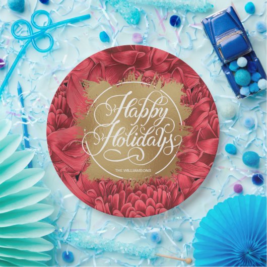 レッドフラワーズフェイク金ゴールドフォイルハッピーホリデー ペーパープレート (パーティー)