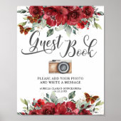 レッドフラワーズフローラ誕生日ゲストブックフォトサイン ポスター (正面)