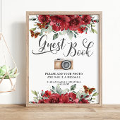 レッドフラワーズフローラ誕生日ゲストブックフォトサイン ポスター