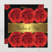 レッドフラワーズブラック金ゴールド素晴らしい50誕生日 招待状 (正面/裏面)