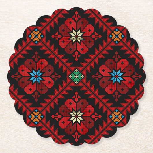 レッドフラワーパレスティナ刺繍タスリーズパターン ペーパーコースター (正面)