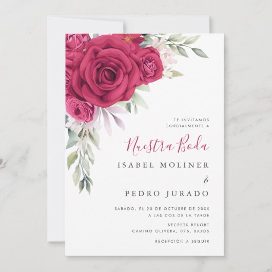 レッドフラワーブーケヌエストラスペインのボダ結婚ズ 招待状 (正面)