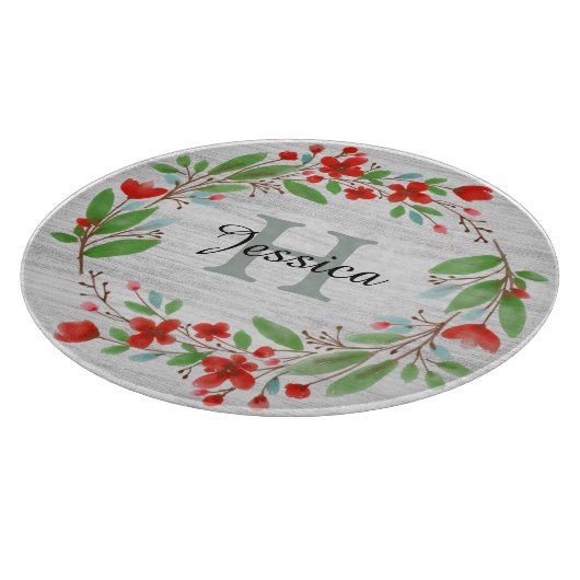 レッドフラワーリース素朴パーソナライズされた カッティングボード (角)