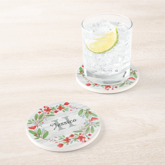 レッドフラワーリース素朴パーソナライズされた コースター (側面)