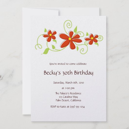 レッドフラワー誕生日招待状 招待状 (正面)