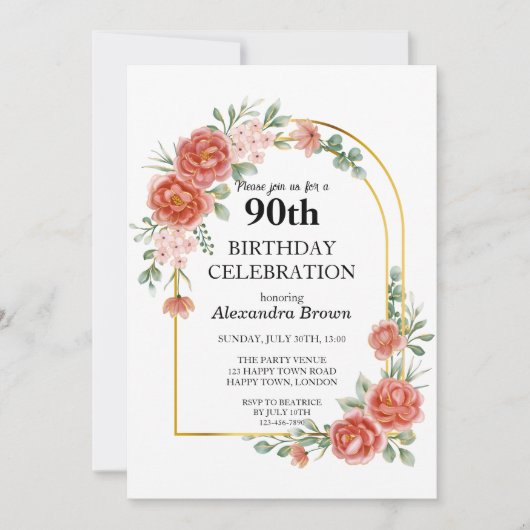 レッドフラワー金ゴールドフレーム90誕生日フォトパーティー 招待状 (正面)
