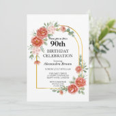 レッドフラワー金ゴールドフレーム90誕生日フォトパーティー 招待状 (スタンド正面)