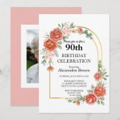レッドフラワー金ゴールドフレーム90誕生日フォトパーティー 招待状 (正面/裏面)