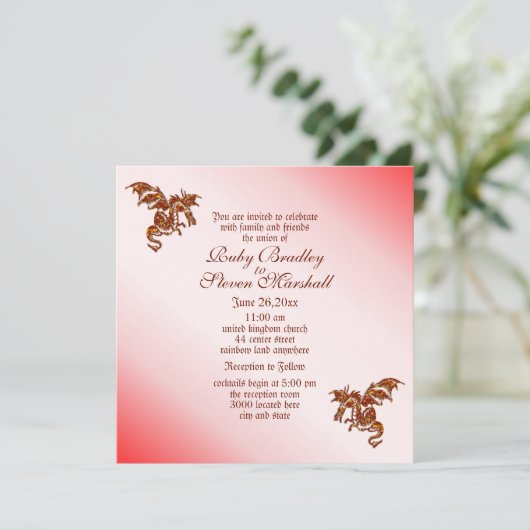 レッドフレーミングドラゴンファンタジー結婚式招待状 招待状 (スタンド正面)