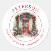 レッドフロントドアクリスマス差出人住所ラベル ラウンドシール (正面)