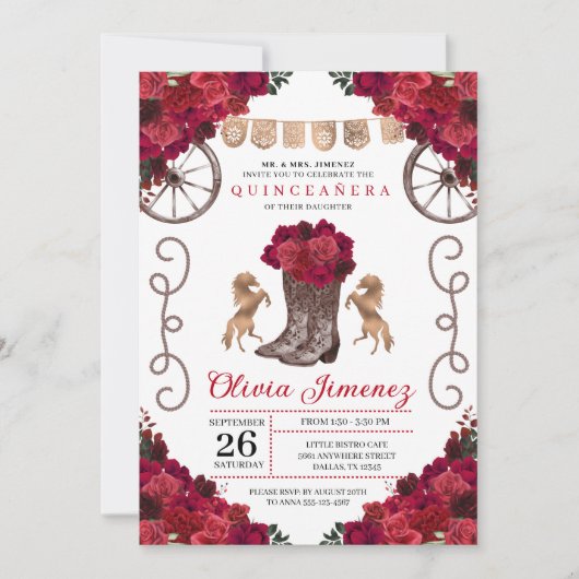 レッドフローラウェスタン女性のカーボーイブーツキンセアニェラ 招待状 (正面)