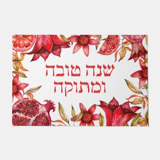 レッドフローラウォーターカラーポメグラナートシャナトヴァ ドアマット (正面)