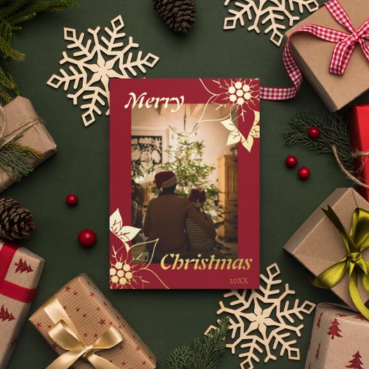 レッドフローラエレガントメリークリスマスポートレート写真 箔シーズンカード