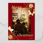レッドフローラエレガントメリークリスマスポートレート写真 箔シーズンカード (正面)