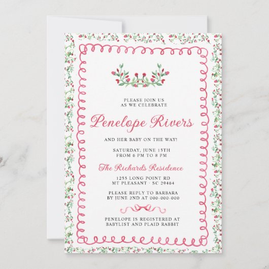 レッドフローラガーデングランドミレニアルベビーシャワー 招待状 (正面)