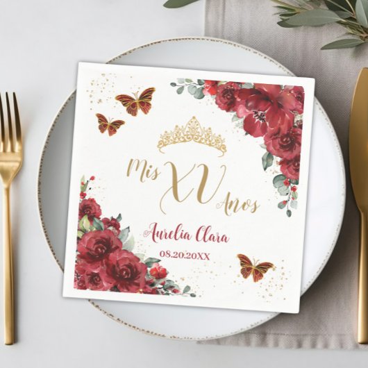 レッドフローラキンセアニェラ誕生日金ゴールド蝶 スタンダードカクテルナプキン