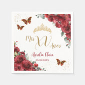 レッドフローラキンセアニェラ誕生日金ゴールド蝶 スタンダードカクテルナプキン (正面)