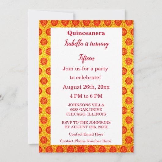 レッドフローラキンセアニェラ金ゴールドグリッター15日誕生日 招待状 (正面)