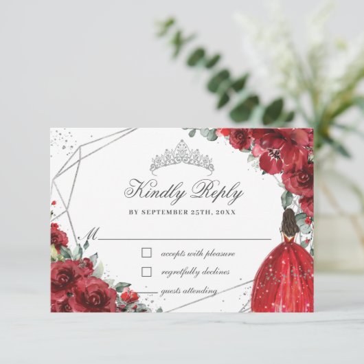 レッドフローラキンセアニラシルバーティアラプリンセスドレス 出欠カード (スタンド正面)