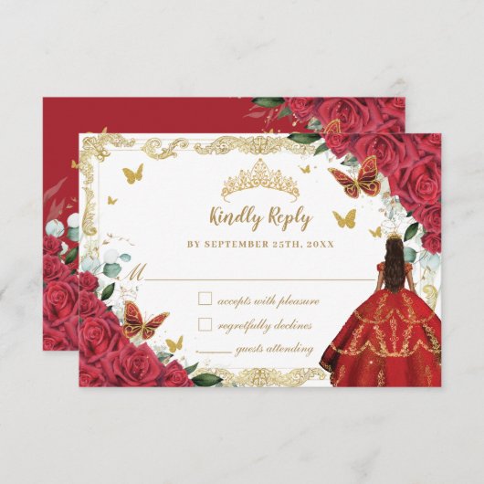 レッドフローラキンセアニラプリンセスクラウンヴィンテージ金ゴールド 出欠カード (正面/裏面)