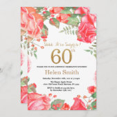 レッドフローラサプライズ60th誕生日金ゴールドグリッター 招待状 (正面/裏面)