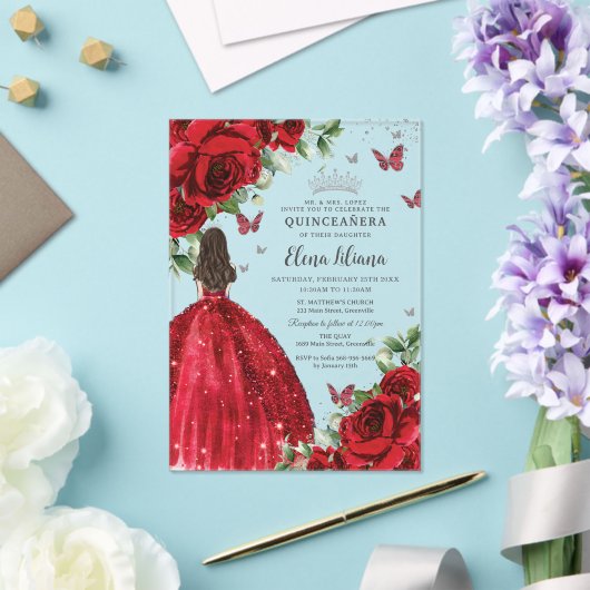 レッドフローラシルバー蝶キンセアニラスウィート16 アクリル招待状 (インサイチュ (ウェディング))