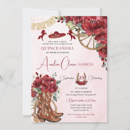 レッドフローラチャロホースシューズブーツキンセアニラ 招待状 (正面)