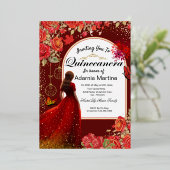 レッドフローラドレスバタフライキンセアニェラ金ゴールド 箔招待状 (立ち正面)