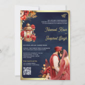 レッドフローラネイビーQRコードアナンドKaraj Sikh 結婚's 招待状 (正面)