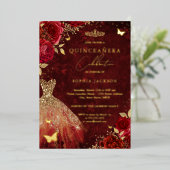 レッドフローラバタフライ金ゴールドドレスキンセアニェラ 箔招待状 (立ち正面)