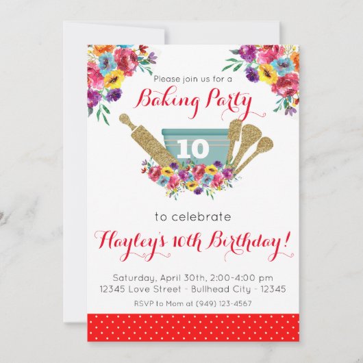 レッドフローラパイオニアベーキングパーティーガールズ誕生日 招待状 (正面)