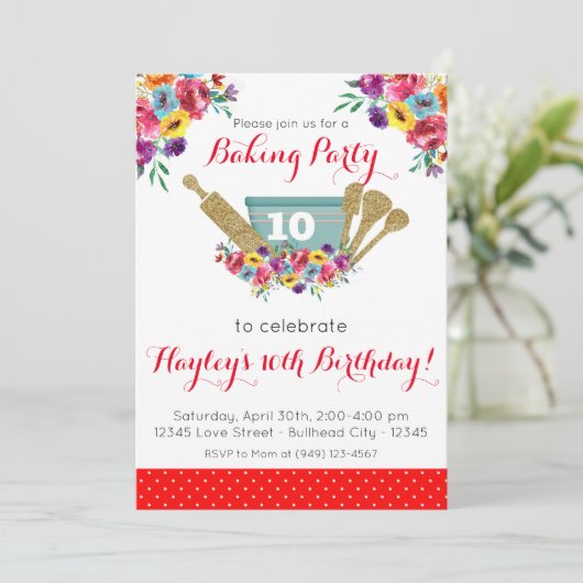 レッドフローラパイオニアベーキングパーティーガールズ誕生日 招待状 (スタンド正面)