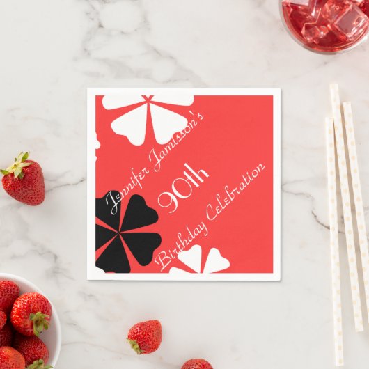 レッドフローラパーソナライズされた90thバースデーパーティー スタンダードカクテルナプキン (インサイチュ)