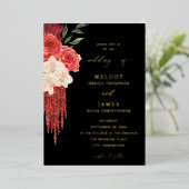 レッドフローラフォイル結婚式招待状 – ブラック 箔招待状 (立ち正面)