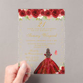 レッドフローラブルネットヘアプリンセスバースデーパーティー アクリル招待状 (インサイチュ (ポータブル))