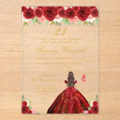 レッドフローラブルネットヘアプリンセスバースデーパーティー アクリル招待状 (正面)