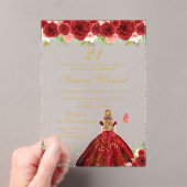 レッドフローラブロンドヘアプリンセス誕生日パーティー アクリル招待状 (インサイチュ (ポータブル))