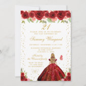 レッドフローラブロンドヘアプリンセス誕生日パーティー 招待状 (正面)