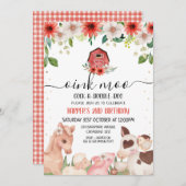 レッドフローラプレイドファームアニマルズ誕生日招待状 招待状 (正面/裏面)