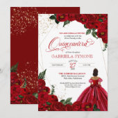 レッドフローラホワイト&金ゴールドエレガントガウンキンセアニェラ 招待状 (正面/裏面)