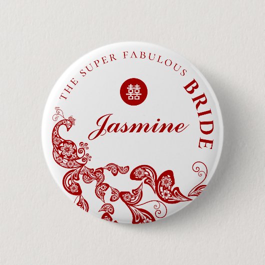 レッドフローラボホシックピーコックアジアのウェディングパーティー 缶バッジ (正面)