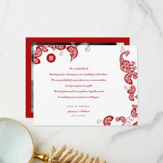 レッドフローラボホピーコックイースタンシックアジア結婚ズ サンキューカード (正面/裏面インサイチュ)