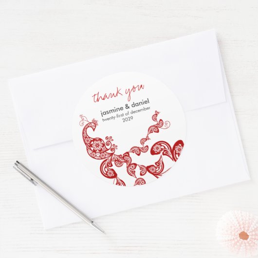 レッドフローラボホピーコックイースタンシックアジア結婚ズ ラウンドシール (封筒)